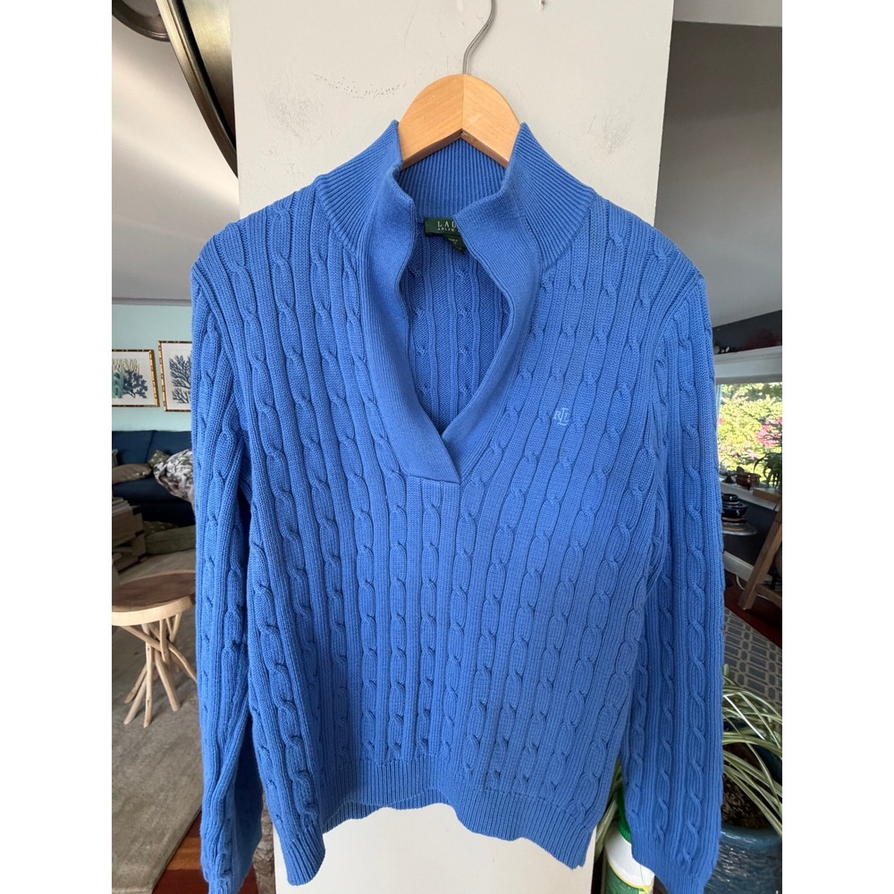 Lauren Ralph Lauren Sweater Womens M Blue Excellent Cable Knit Preppy Old Money